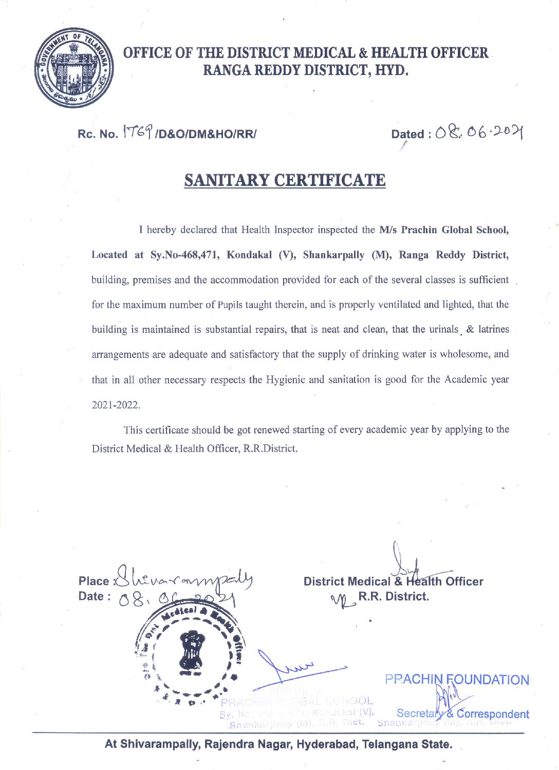 Sanitation Certificate Best school in Hyderabad